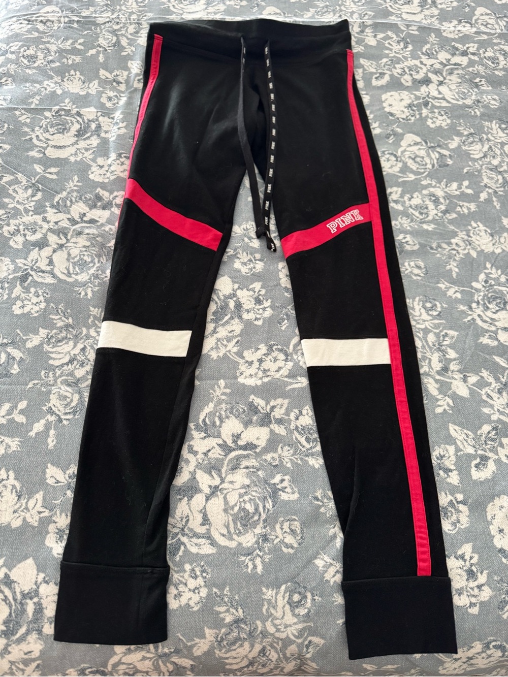 PINK Victoria's Secret Black Leggings with Pink & White Accent Stripes